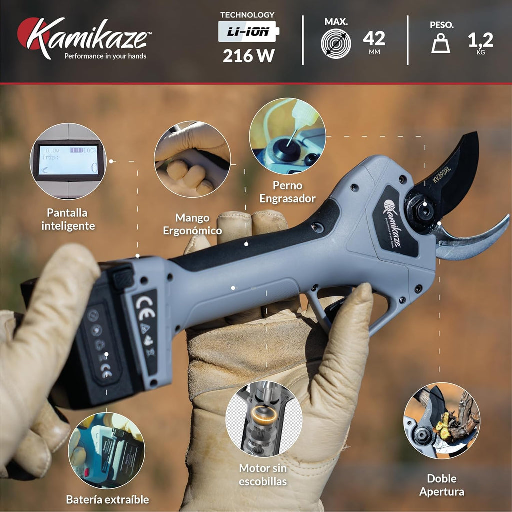 KAMIKAZE KV390 Tijera Eléctrica de Poda Profesional con Batería de Litio 21,6V, Ø35mm de Corte, 2 Baterías y Cargador Triple, Pantalla Inteligente, Kit de Mantenimiento y Maletín de Transporte