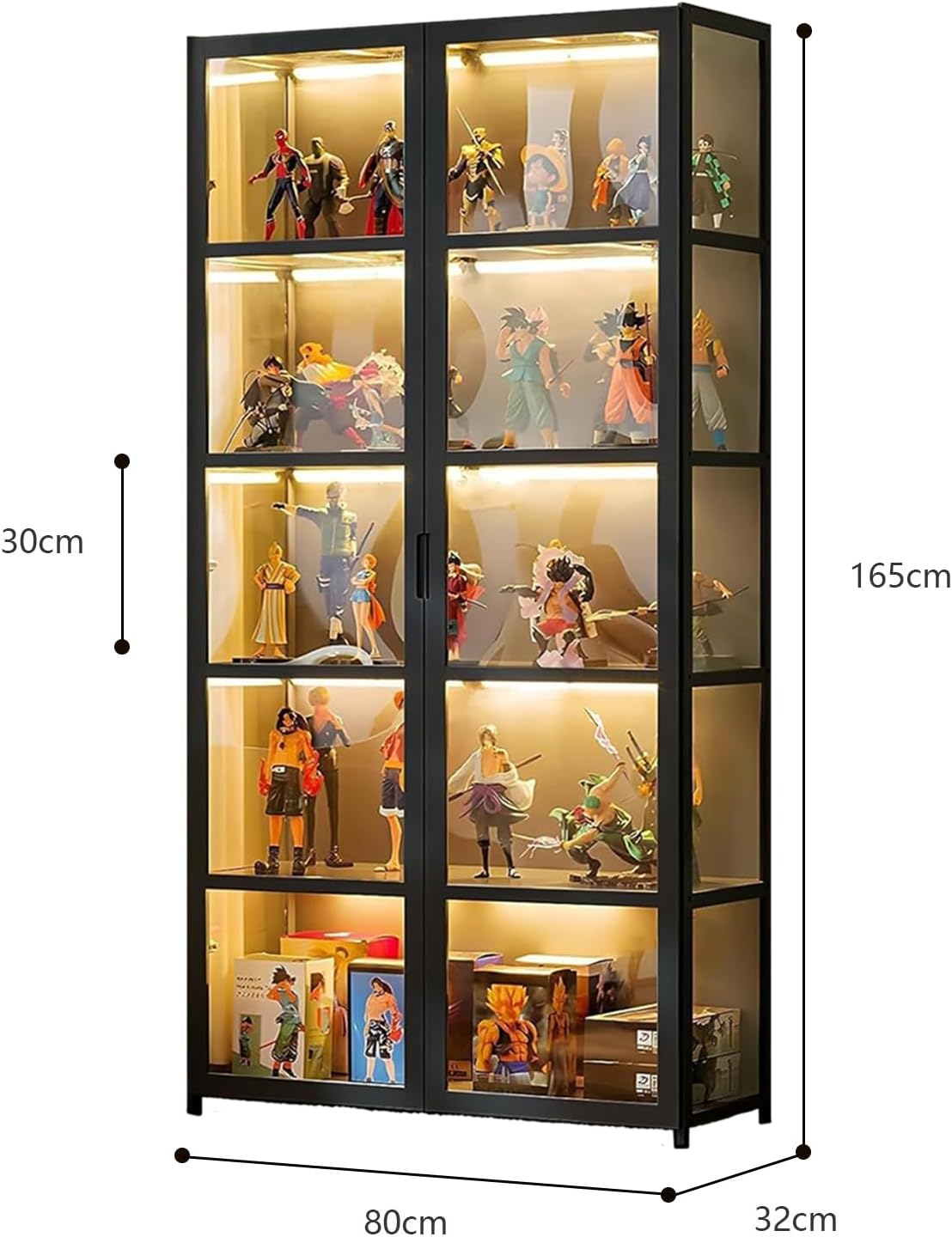 Vitrina Puerta de acrílico, Vitrina con 5 estantes, Organizador de Juguetes colección, estantería Dormitorio, rincón de Lectura, niños, bambú (Doble Apertura Negra)