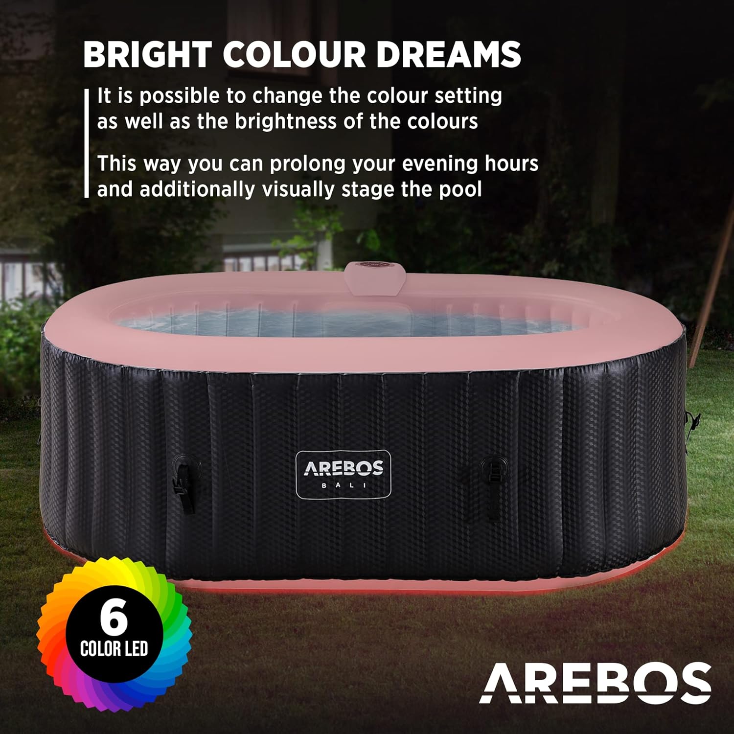 Arebos Bañera de hidromasaje con iluminación LED | SPA Hinchable | Interior y Exterior | 190x120 cm Ovalada | 2 Personas | 90 chorros de Masaje | con calefacción | 550 litros | Incl. Cubierta