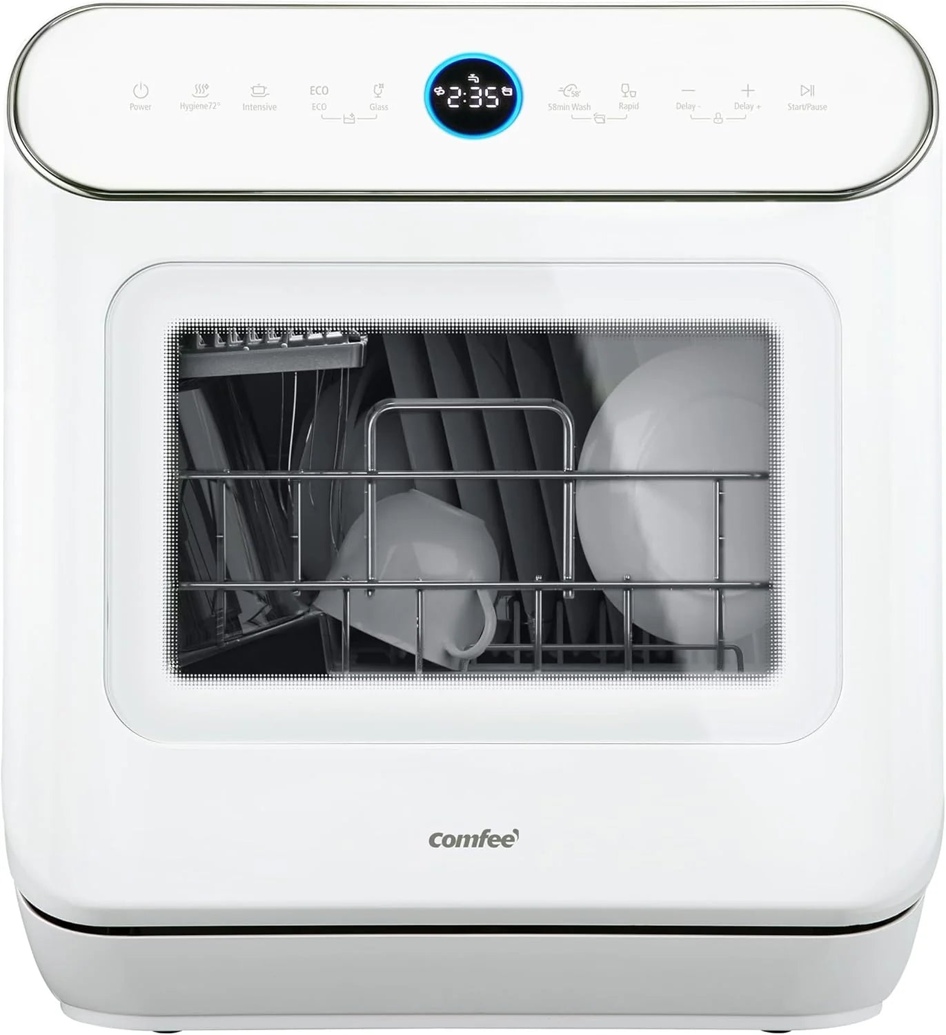 COMFEE Countertop Dishwasher, Mini Desktop Dishwasher with 6 Programs, Steam Wash, Baby Care and Fruit Wash, No Plumbing, Delayed Start, 72 Hours Storage, White