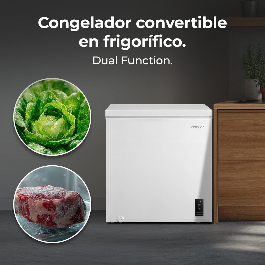 Cecotec Congelador Horizontal 198L Bolero CoolMarket Chest 198P White E. Cesta con Asas, Control Electrónico LED, UltraContact D-Cool, Dual Function, Puerta ZeroG (80º-30º), Fast Freezing, Compacto