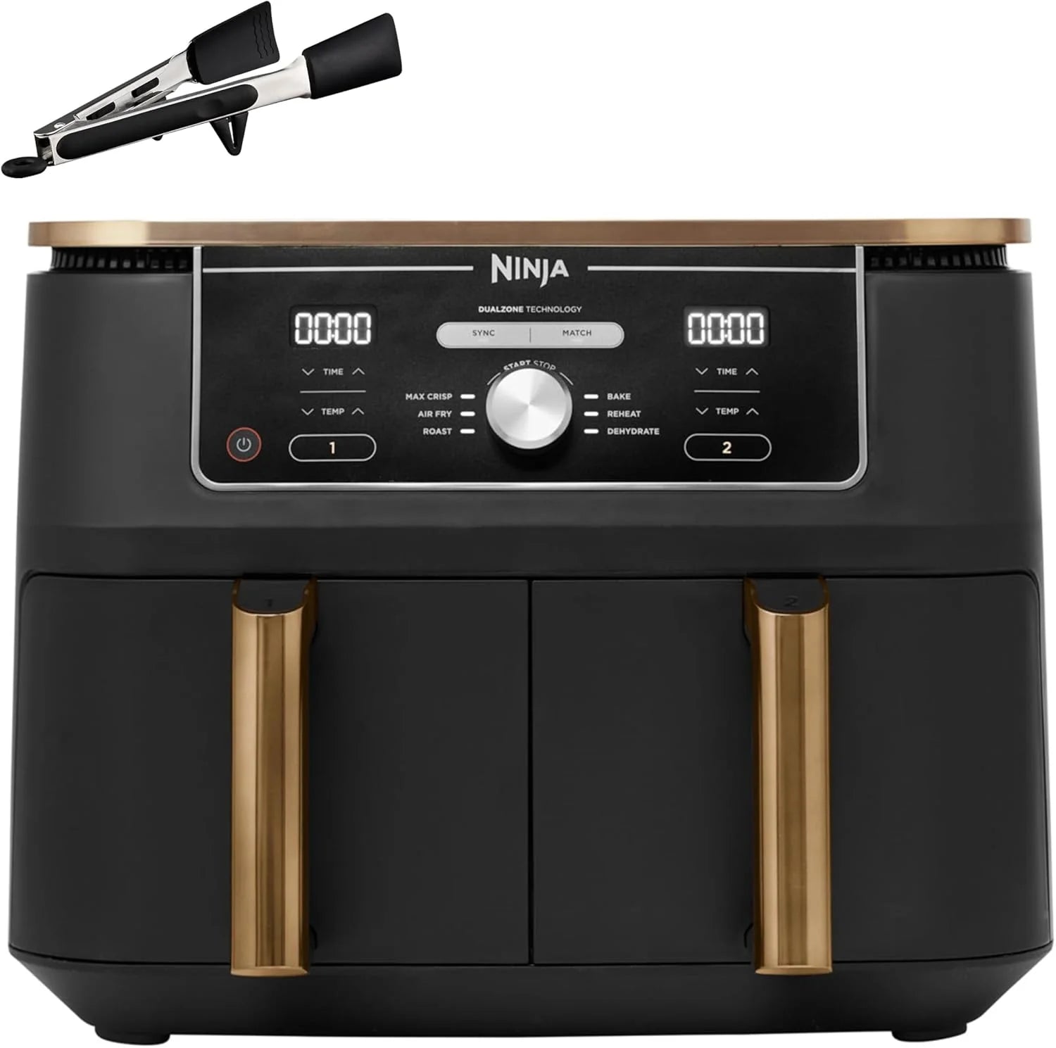 Ninja Foodi MAX Dual Compartment Air Fryer, 9.6L, 6-in-1, No Oil, Max Crisp, Roast, Bake and More, Tongs, 8 Servings, Non-Stick Baskets, Copper & Black, AF400EUCP
