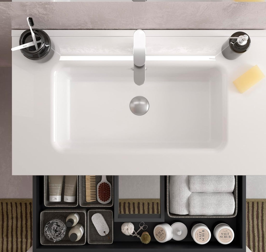 Mueble de Baño BEQUIA Plus Metal 3C 90cm Roble | Lavabo Porcelana Grifo Derecha