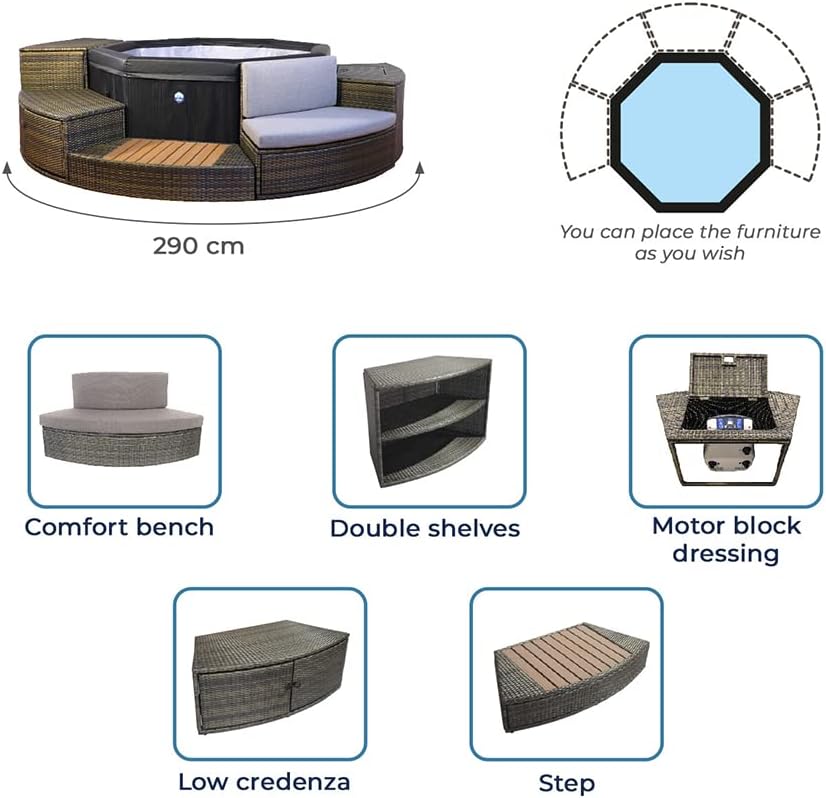 NETSPA Octopus 165 Mueble Semirrígido para SPA - 5 Módulos con Estante Doble, Tapa Bloque Motor, Estribo, Banco y Estante Bajo - PVC y Compuesto de Madera - Negro - SP-MOB165C-M5