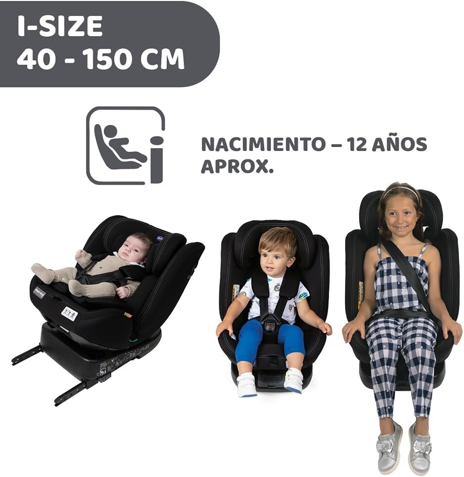 Chicco Unico EVO I'Size Classic, Silla de Coche ISOFIX para Bebés y Niños de 40 a 150 cm, Grupo 0123 Desde Recién Nacido hasta 12 Años, Giratoria 360º, Reductor, Ajustable y Protección Lateral, Negra