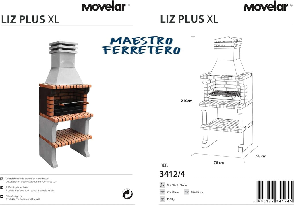 MOVELAR - Barbacoa de Obra Prefabricada de Leña y Carbón Modelo Liz XL (Gris, Naranja - 76 x 58 x 210 cm) REF: 3412/4 - Cocina de Exterior Compacta para Jardín, Terraza o Patio