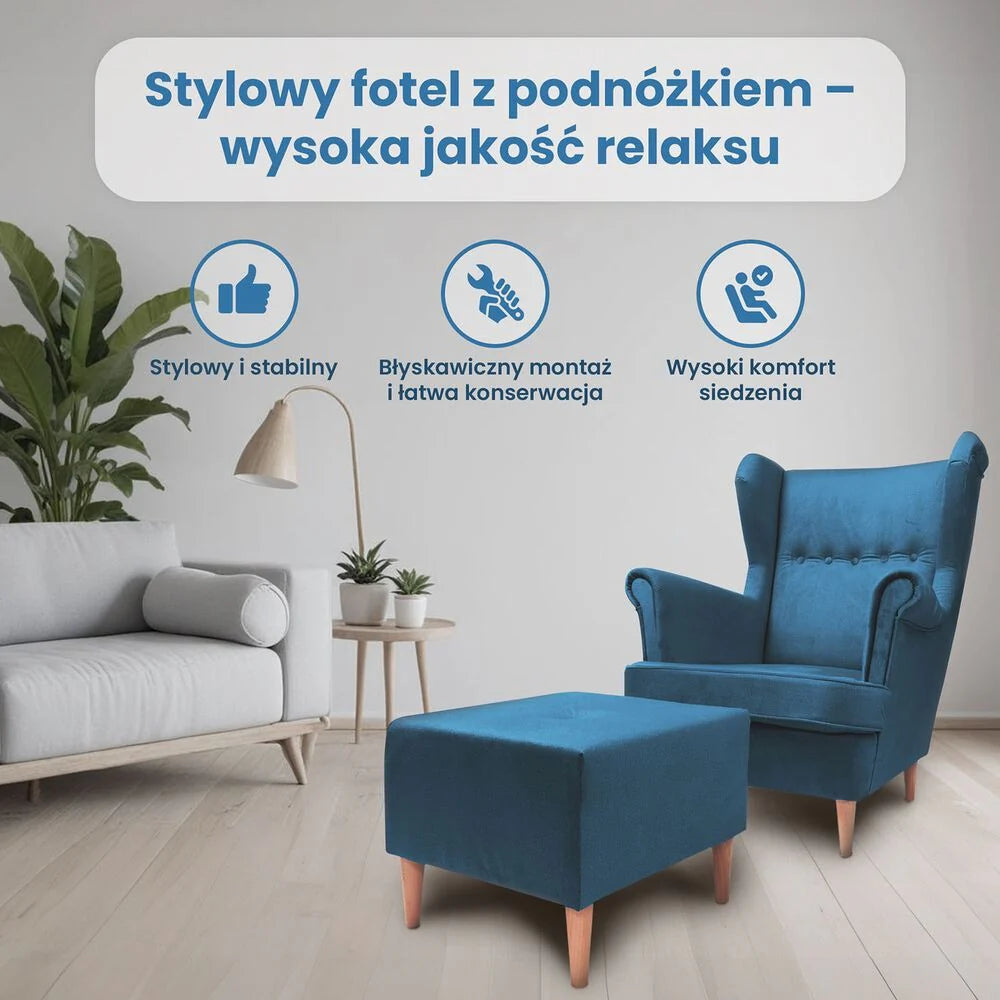 Fotel uszak z podnóżkiem Jane Royal, turkusowy