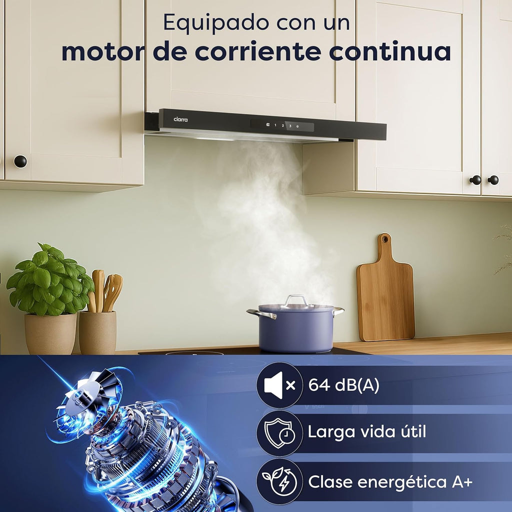 CIARRA CBCB6909A Campana Extractora Telescópica Negra Cocina 60 cm 600 m³ / h Clase A+ 3 Niveles Control Táctil Iluminación LED Filtro de Carbón CBCF055