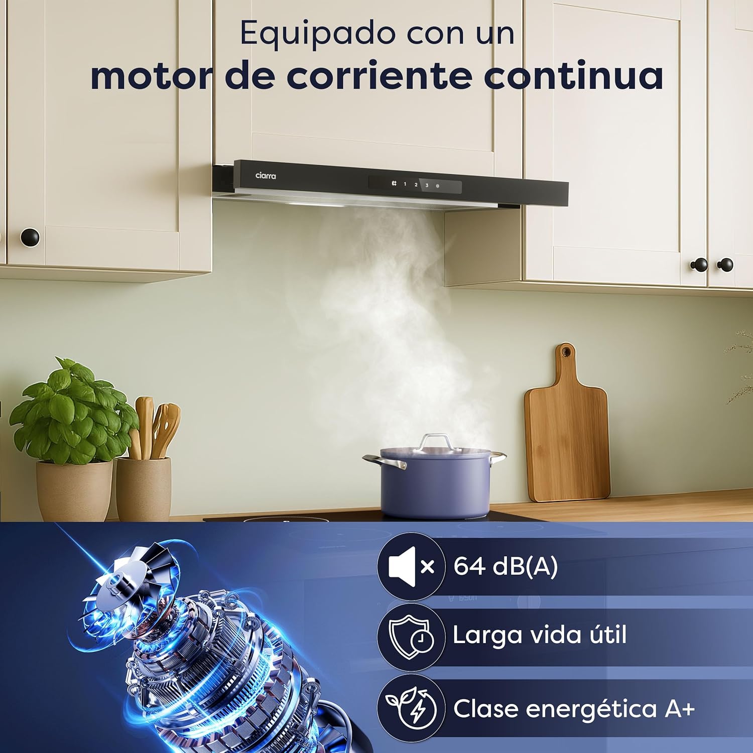 CIARRA CBCB6909A Campana Extractora Telescópica Negra Cocina 60 cm 600 m³ / h Clase A+ 3 Niveles Control Táctil Iluminación LED Filtro de Carbón CBCF055