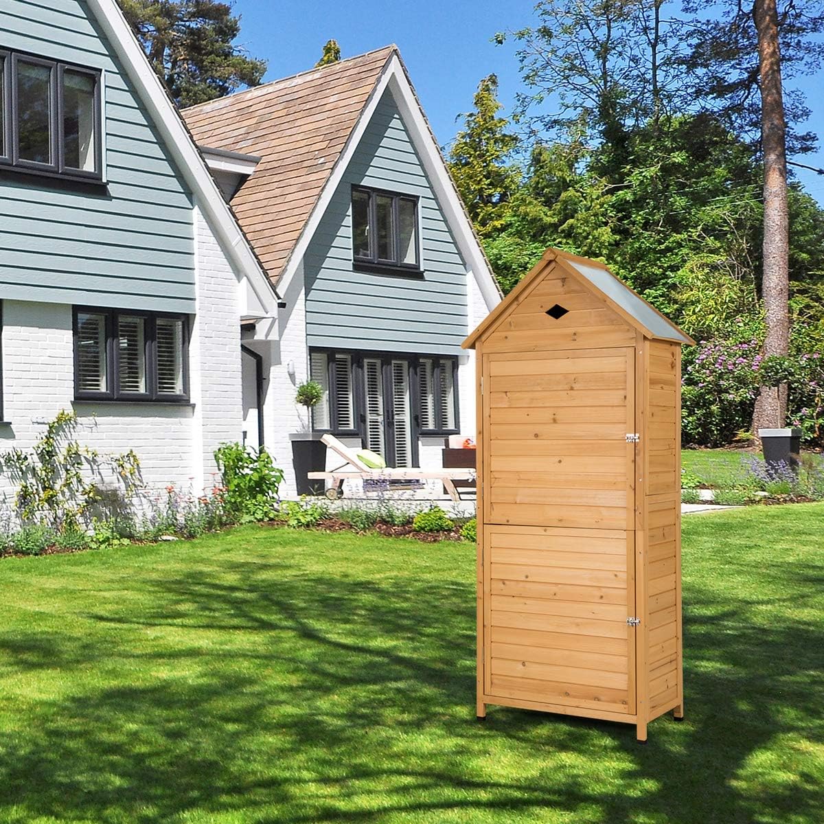 COSTWAY Caseta Jardin Exterior de Madera, Cobertizo Jardin Exterior con 5 Estantes y 2 Puertas con Cerradura, Armario para Herramientas con Techo Impermeable para Jardín Balcón Terraza (70x45x160cm)