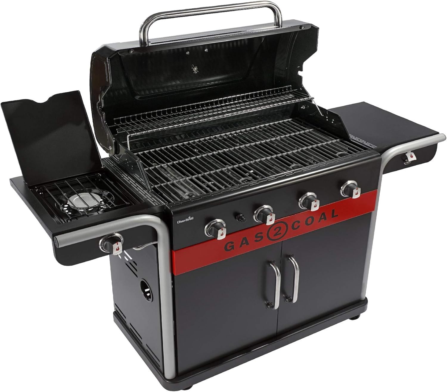 Char-Broil Barbacoa de Gas Gas2Coal 2.0 440 - Barbacoa híbrida de 4 quemadores con 2 bandejas para carbón patentadas, 2 grandes puertas - Ideal para cocinar al aire libre, jardín y patio