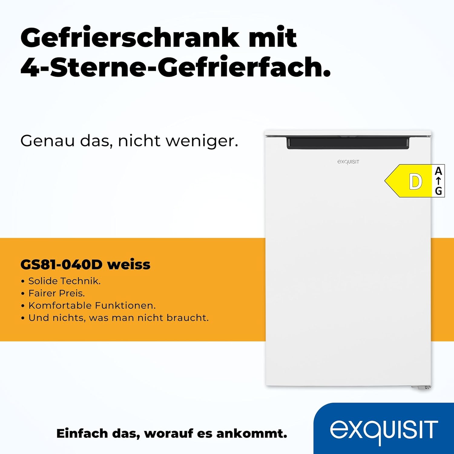 Exquisit congelador vertical, 87L, 4 estrellas, clase D, Color blanco, 3 cajones, método descongelación manual, termostato ajustable, puerta reversible, 40 db, consumo 132 kwh/año, 85,5x54,5x58 cm
