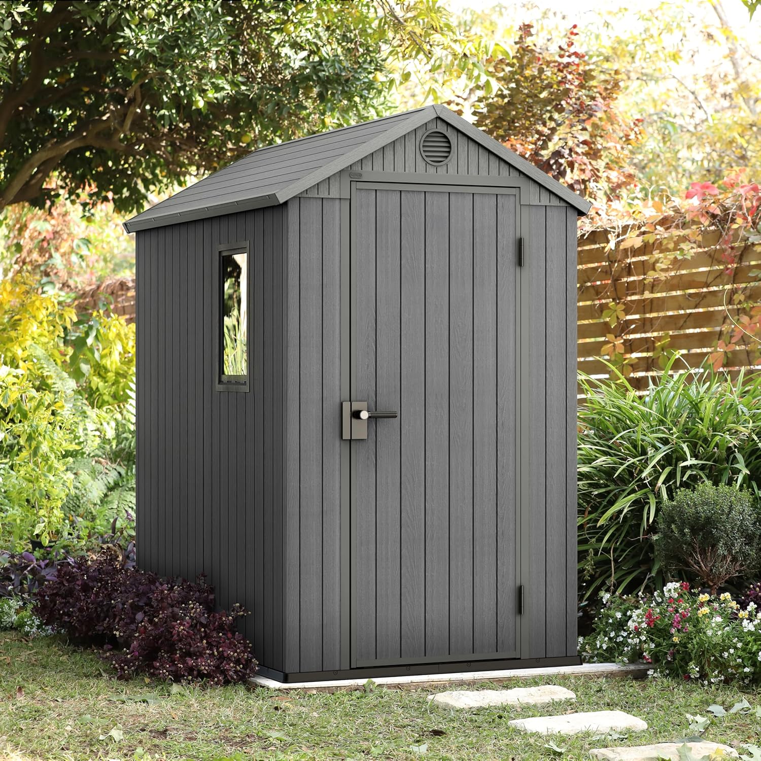KETER Darwin 4x6 Caseta de jardín, 125.8 x 184.5 x 205 cm y 2.2 m2, Suelo, Sistema de ventilación, Puerta y Ventana, Resistente al Agua, Color Gris