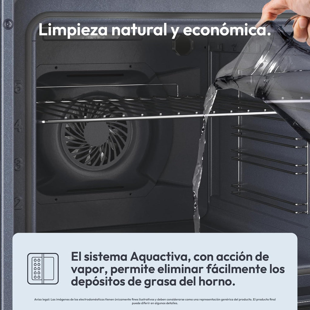 Candy FIDCP X625 L, Horno Multifunción, 70L, Bandeja y Rejilla, Limpieza Aquactiva, Convección + Ventilador radial, 8 Funciones, Display Timer Touch, Mandos Push&Pull, Puerta 2 Cristales, Inox y Negro