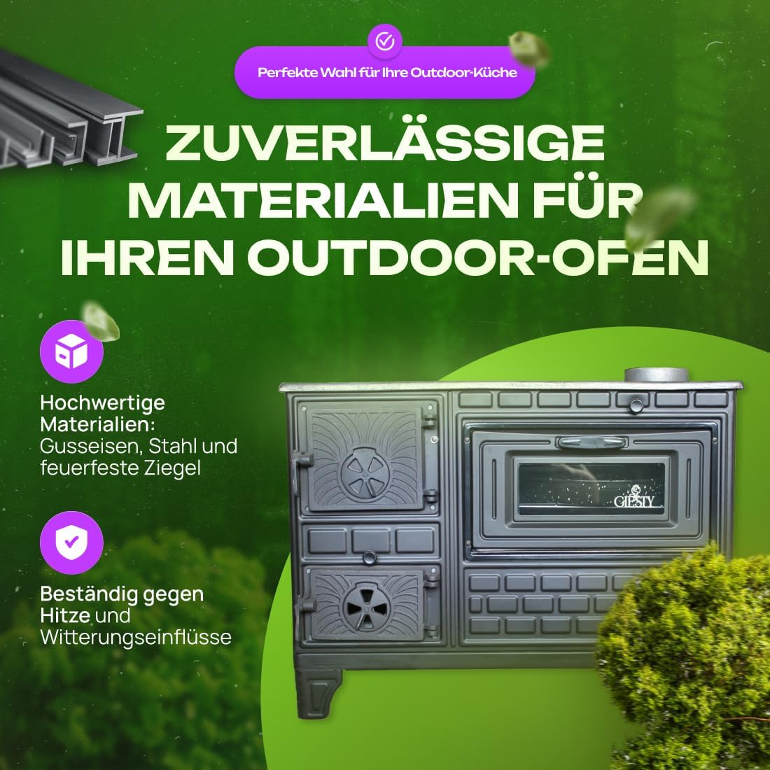 Horno de Cocina Exterior, Horno de terraza, Cocina Exterior con leña o carbón Vegetal, Horno de jardín, Cocina de Exterior (Puerta de Hierro Fundido+2 Tubos)
