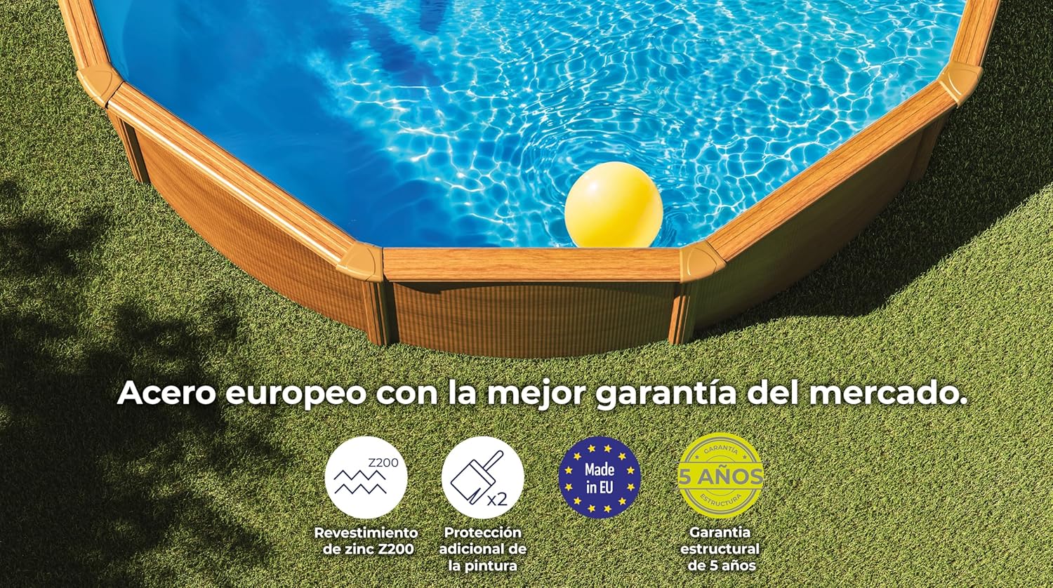 Gre KITPR353W Piscina de Acero Elevada, Redonda con Aspecto Madera, Piscinas Desmontables para Jardín, 350 x120 cm, Sicilia