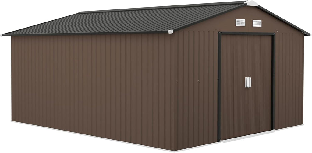 Outsunny Caseta de Jardín Exterior, 12,4 m² 340x386x200 cm, Cobertizo de Jardín Exterior Metálico con Techo de Fibra de Vidrio, Puerta Corredera, Base Refuerzo (Suelo NO Incluido) y Ventanas Marrón