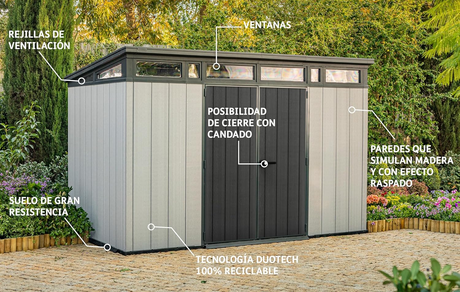 Keter Artisan Cobertizo de jardín de 11 x 7 cm, resistente a la intemperie, con suelo, techo inclinado, puertas dobles y ventanas, ideal para almacenamiento al aire libre, 342 x 218 x 226 cm, 13,7 m³,