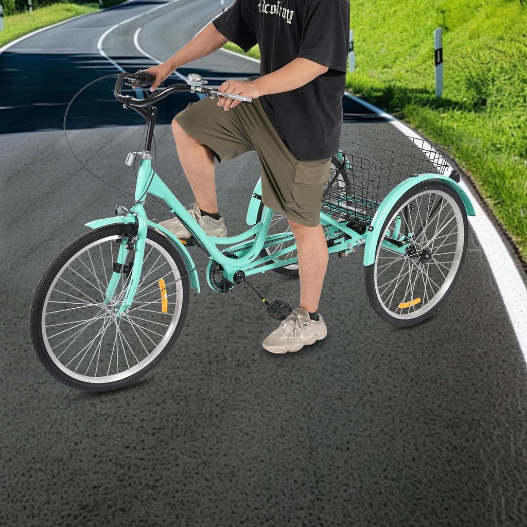 MccoMMon Triciclo de 24 pulgadas para adultos, 3 ruedas, triciclo de 7 velocidades, altura ajustable, bicicleta de carga para adultos, ancianos y mujeres