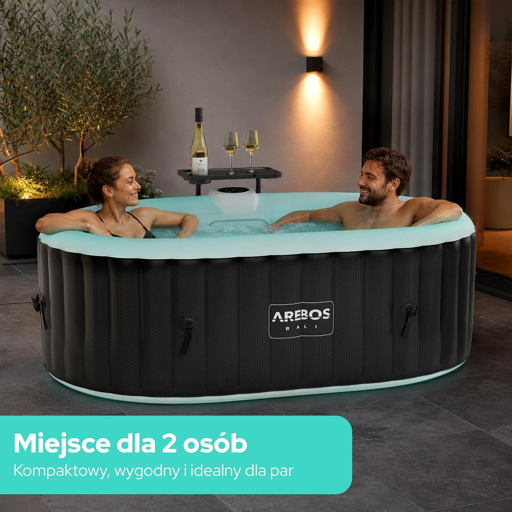 Arebos Nadmuchiwane spa z oświetleniem LED | Nadmuchiwane | Wnętrze i na zewnątrz | 190x120 cm Owal | 2 osoby | 90 dysz masujących | z ogrzewaniem | 550 litrów | Okładka w zestawie | Bąbelkowe Spa