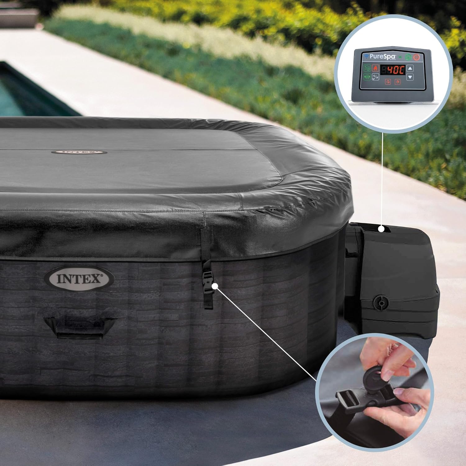 Intex Spa hinchable cuadrado Greystone Deluxe 4 personas, 175x175x71 cm, Calentador 2.200 W, Burbujas aire caliente, Clorador salino, Depuradora con filtro S2 (1.741 l/h), Accesorios incluidos (55093)