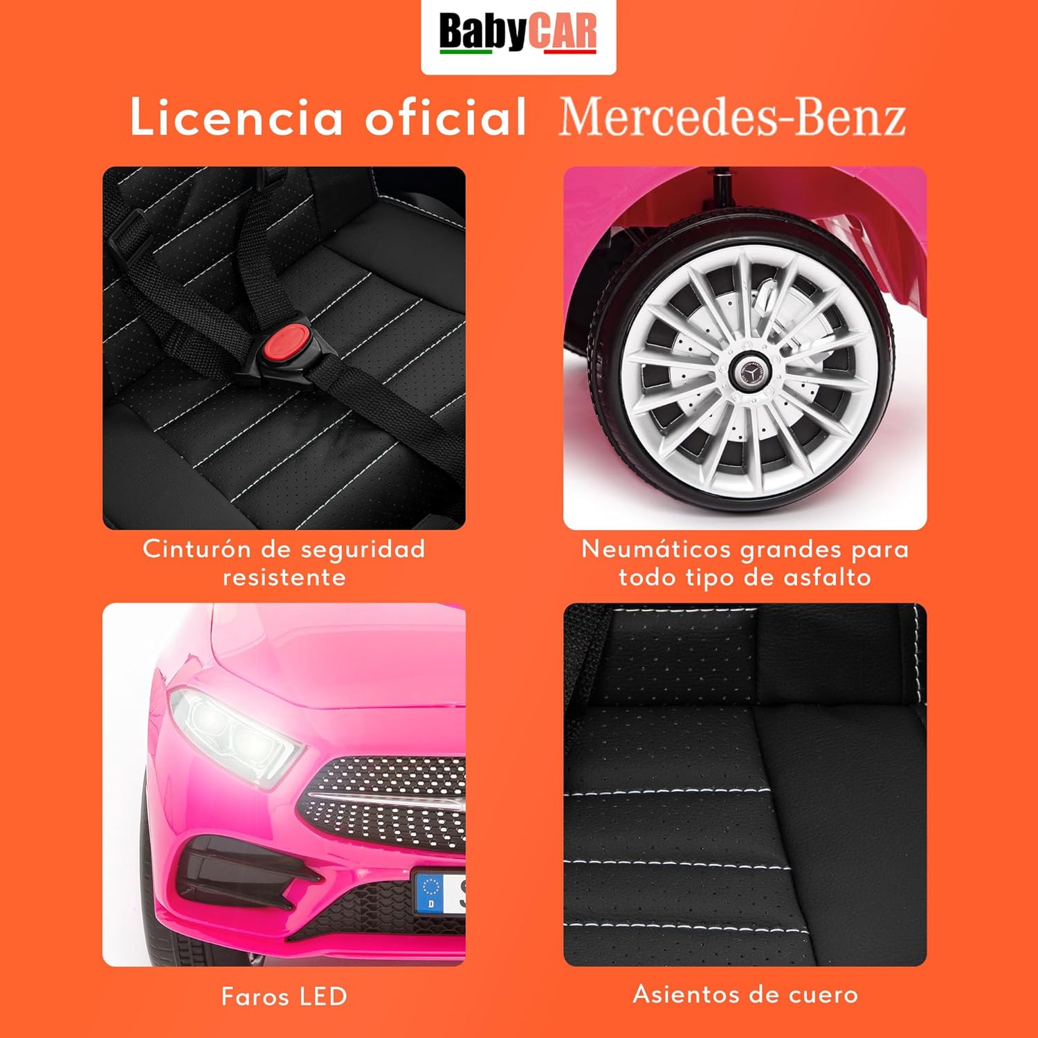 BabyCar Mercedes CLS 350 AMG | Coche Electrico para Niños 12V con 2 Motores 25W | Carro Electrico Infantil con Mando Parental, Asiento de Piel, Puertas Abatibles, MP3/USB | Mercedes Oficial | Rosa