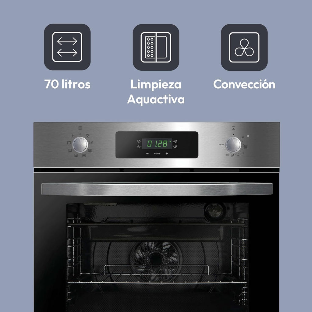 Candy FIDCP X625 L, Horno Multifunción, 70L, Bandeja y Rejilla, Limpieza Aquactiva, Convección + Ventilador radial, 8 Funciones, Display Timer Touch, Mandos Push&Pull, Puerta 2 Cristales, Inox y Negro