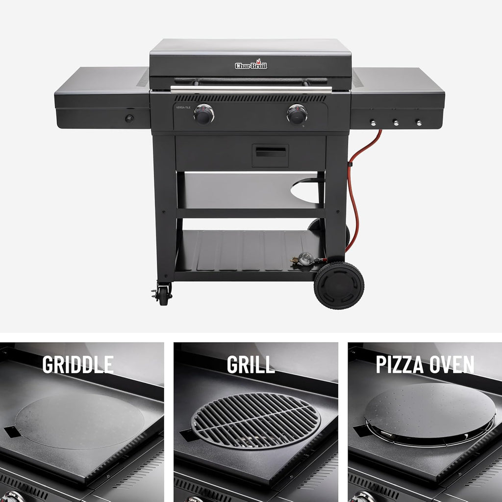Char-Broil Barbacoa de Gas Versa-Tile, Plancha a Gas de 2 Zonas, Superficie de Cocción: 70 x 50 cm, Sistema de Módulos 3 en 1: Plancha, Parrilla y Horno para Pizza