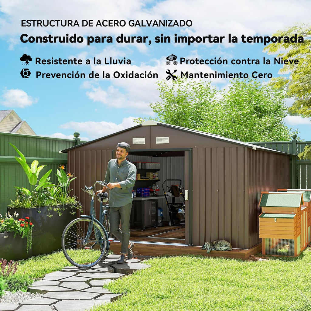Outsunny Caseta de Jardín Exterior, 12,4 m² 340x386x200 cm, Cobertizo de Jardín Exterior Metálico con Techo de Fibra de Vidrio, Puerta Corredera, Base Refuerzo (Suelo NO Incluido) y Ventanas Marrón