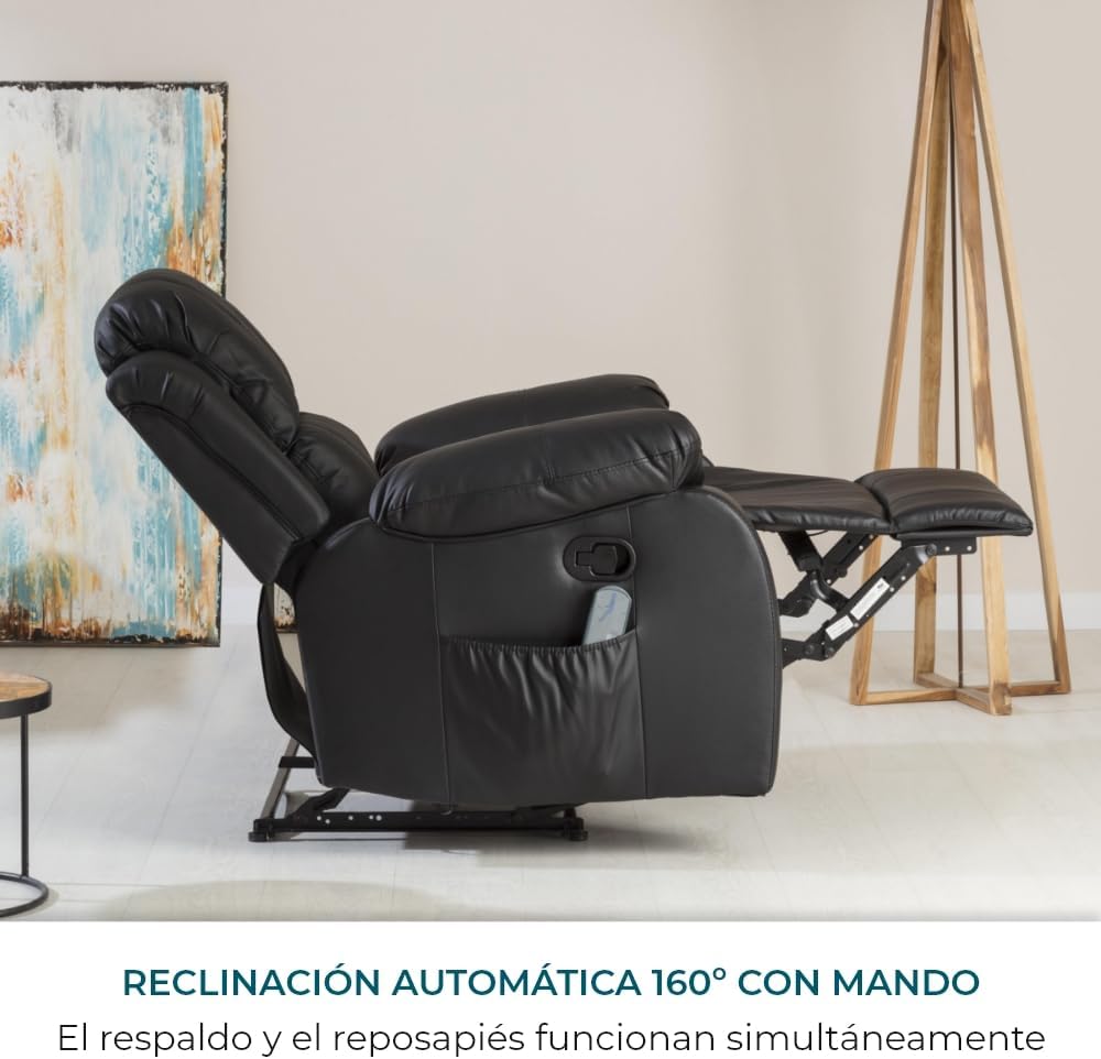 Don Descanso - Sillón Masaje Relax Calor Trevi Negro Reclinable 160º con 8 Motores Silenciosos, Calor Lumbar, Sist. Masaje 4 Zonas y Acabado en PU Anti-Cuarteo [Incluye Mando]. Ideal Gente Mayor
