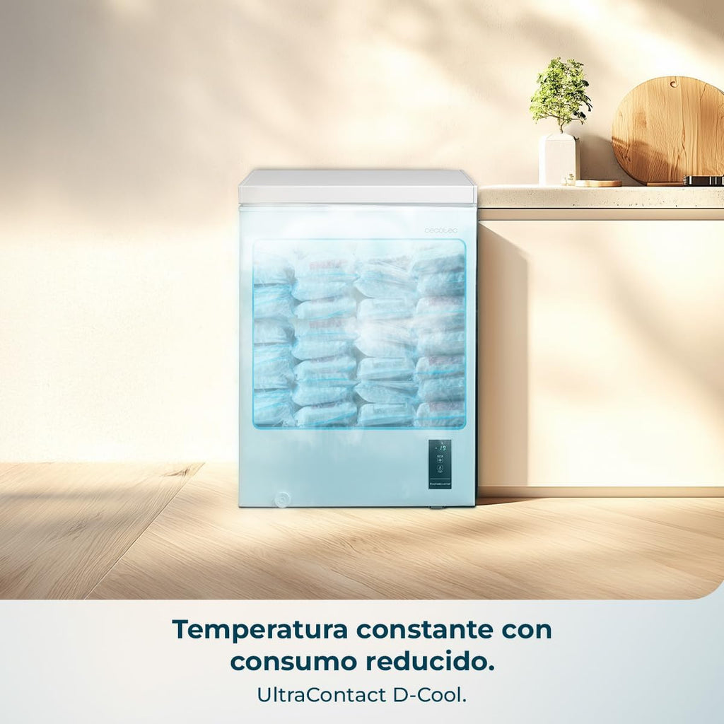 Cecotec Congelador Horizontal 143L Bolero CoolMarket Chest 143P White E. Cesta con Asas, Control Electrónico LED, UltraContact D-Cool, Dual Function, Puerta ZeroG (80º-30º), Fast Freezing, Compacto