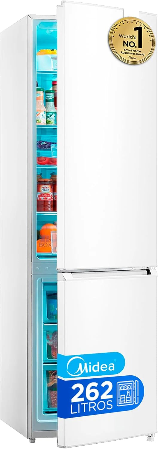 Midea White Combi Fridge 262 L | 55 cm x 177 cm | Combi Fridge with 65L Freezer and Low Frost Technology - Independent Low Consumption Refrigerator, Reversible Doors, Silent 39 dB