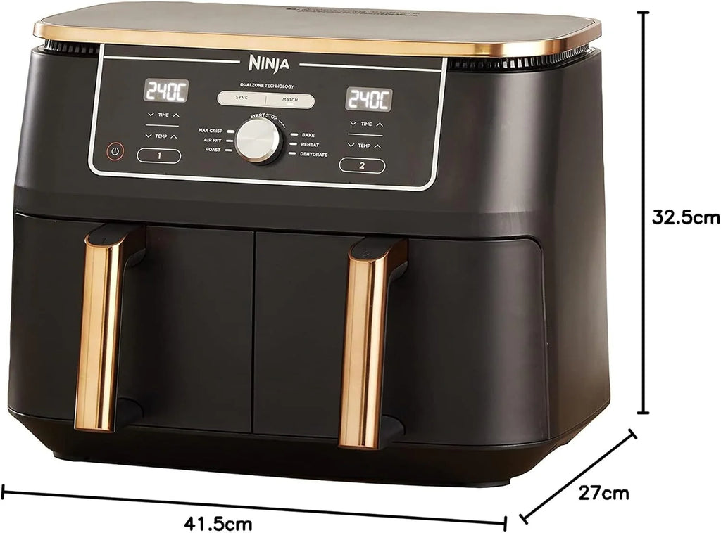 Ninja Foodi MAX Dual Compartment Air Fryer, 9.6L, 6-in-1, No Oil, Max Crisp, Roast, Bake and More, Tongs, 8 Servings, Non-Stick Baskets, Copper & Black, AF400EUCP