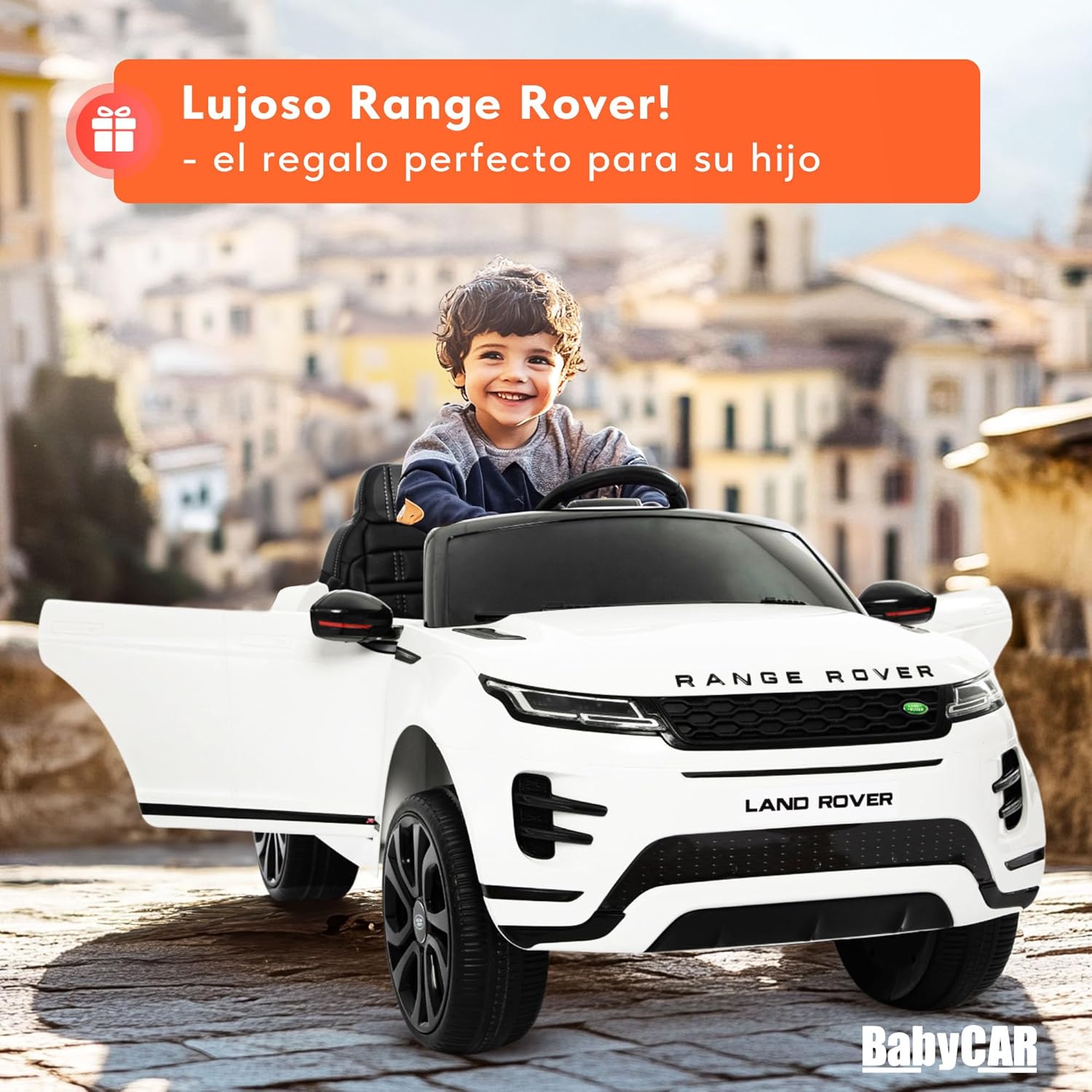 BabyCar Range Rover | Coche electrico para niños 12V con 2 Motores 35W | Coche Bateria con Mando Niño, Asiento de Piel, Puertas abatibles, MP4/USB | Licencia Oficial | Blanco