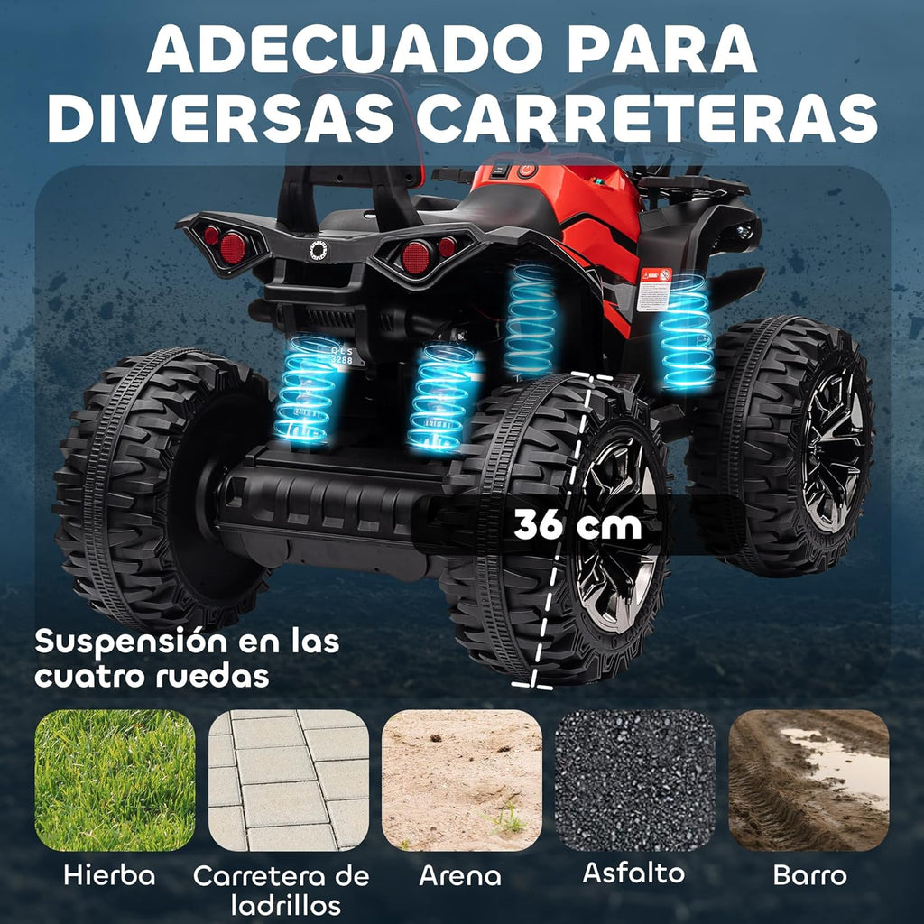 HOMCOM Quad Eléctrico 12V para Niños +3 Años con 2 Motores Faros Música Neumáticos de Suspensión Botones Avance y Retroceso Vehículo Eléctrico a Batería 100x65x73 cm Rojo