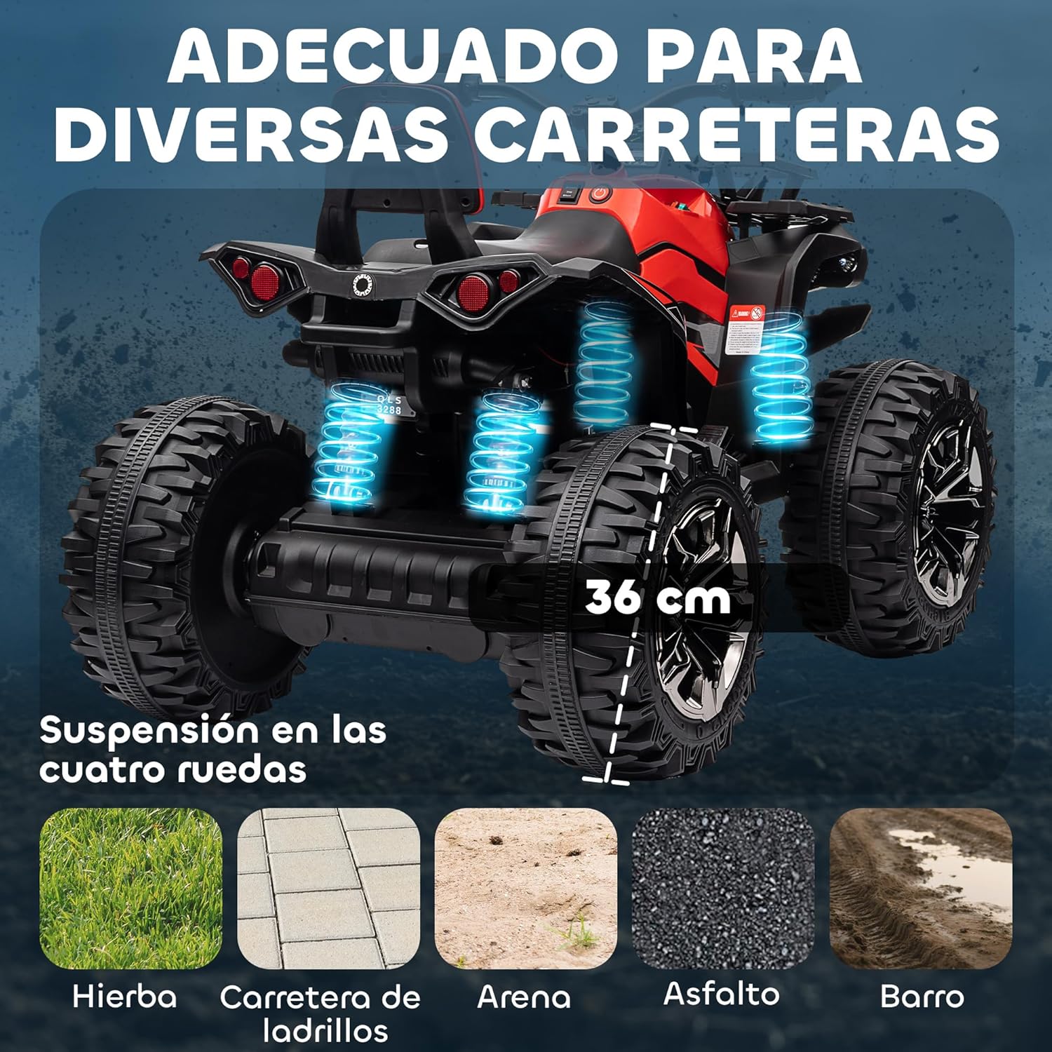 HOMCOM Quad Eléctrico 12V para Niños +3 Años con 2 Motores Faros Música Neumáticos de Suspensión Botones Avance y Retroceso Vehículo Eléctrico a Batería 100x65x73 cm Rojo