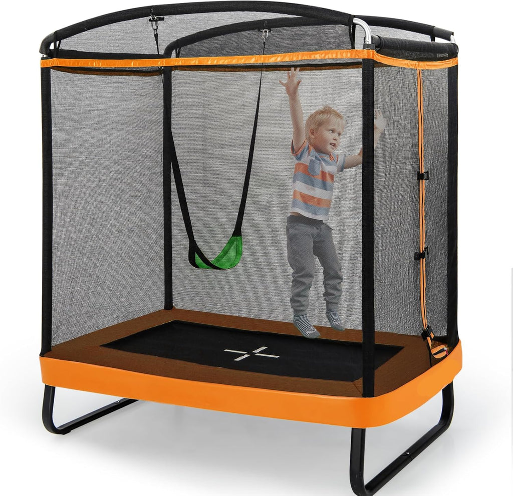 LIFEZEAL Trampolín con Columpio para Niños, Cama Elástica Infantil con Red Protectora de Malla & Puerta, Ideal para Interior y Exterior