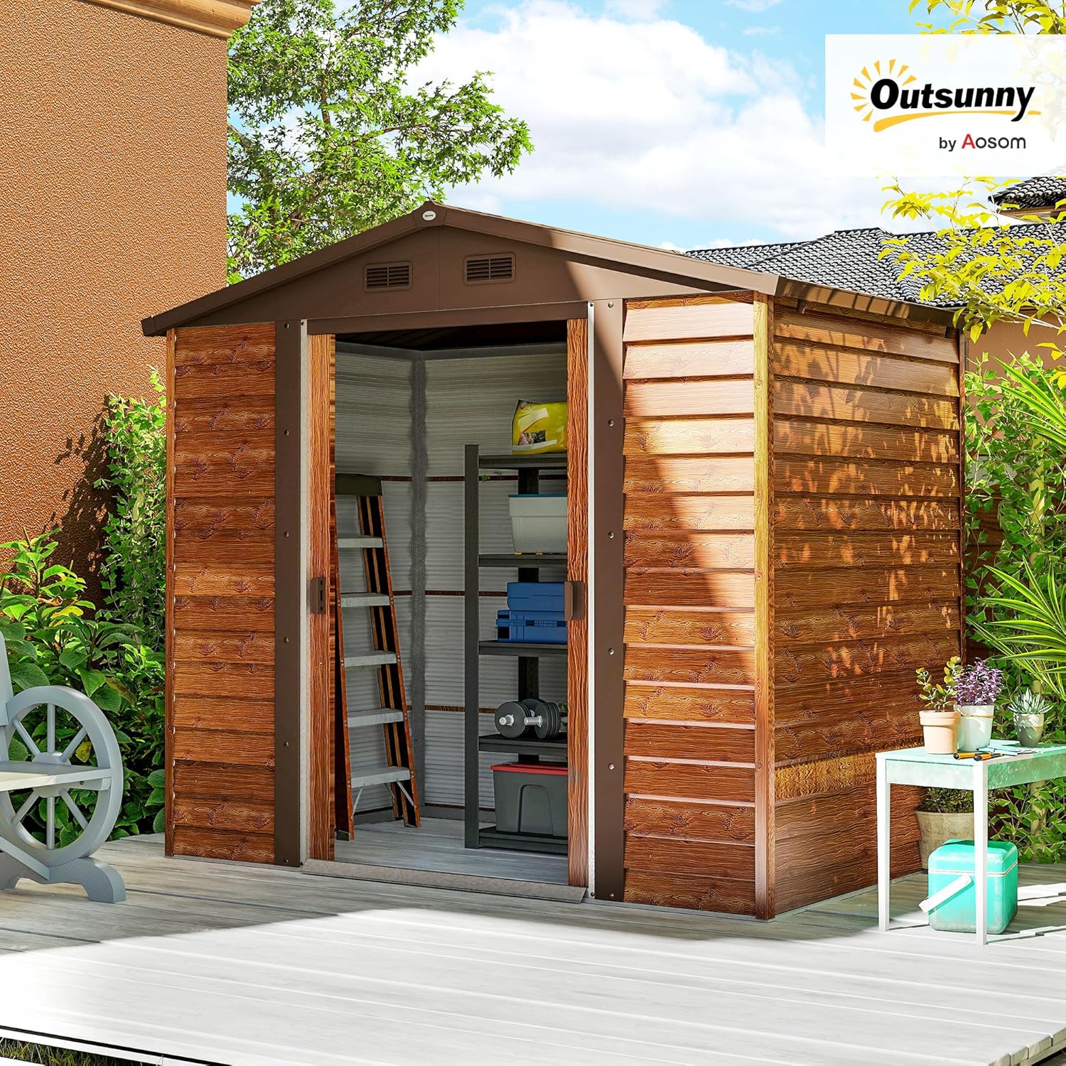 Outsunny Caseta de Jardín Exterior 3 m² 235,7x152x208,7 cm Cobertizo de Jardín Exterior Metálica con 2 Puertas Corredizas y 4 Ventanas para Almacenamiento de Herramientas Efecto Madera Natural y Café