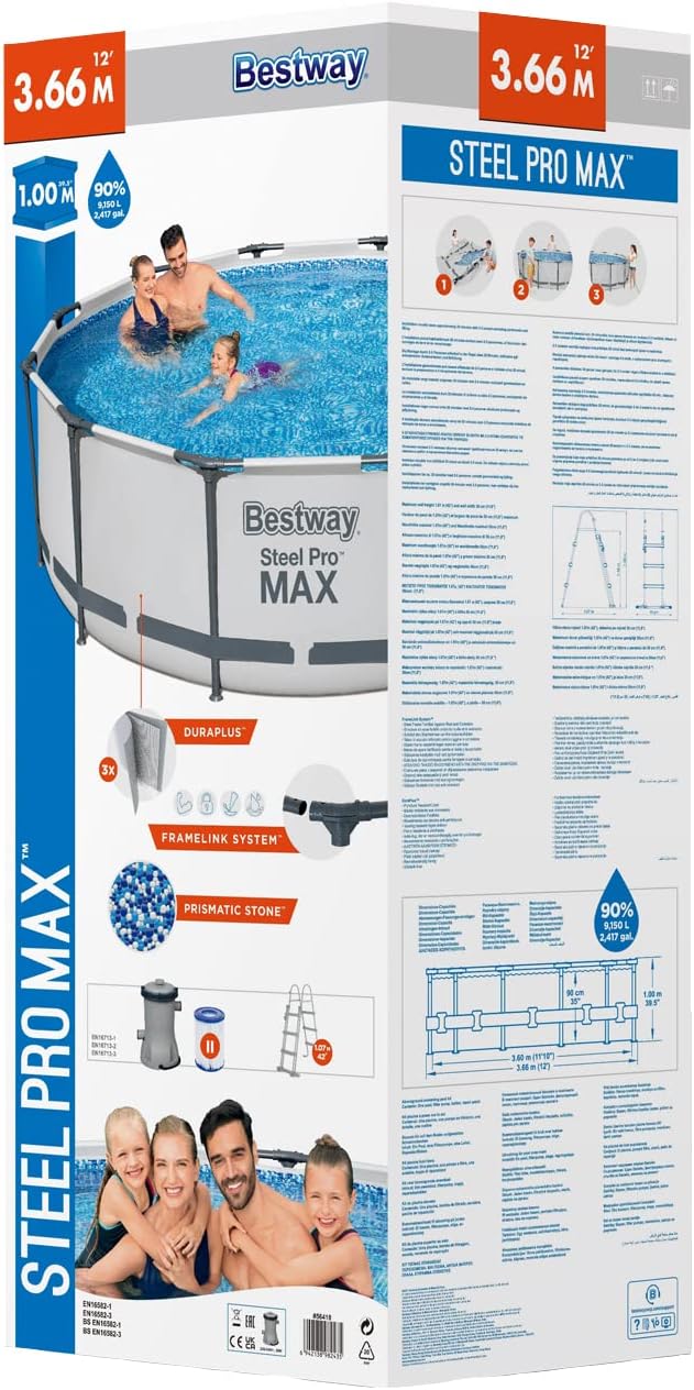 BESTWAY 56418 - Piscina Desmontable Tubular Steel Pro MAX 366 x 100 cm, con Depuradora Cartucho 2.006 L/H y Escalera