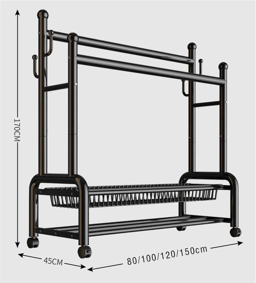 Perchero De Metal con Ruedas, Perchero de Acero Al Carbono con 2 Almacenamiento De Rack Y 2 Rieles De Ropa, Extraíble