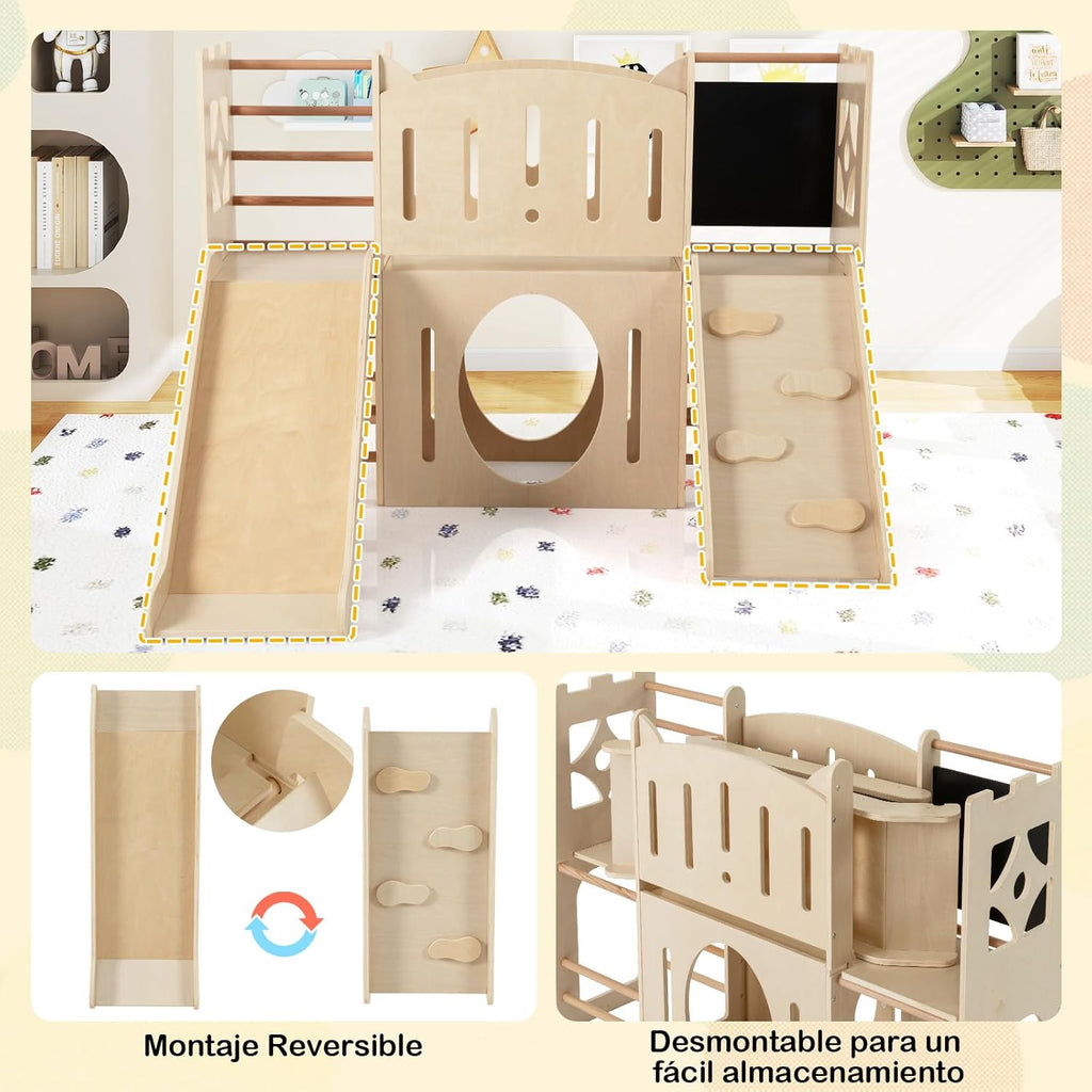 COSTWAY 8 en 1 Parque de Juegos de Interior de Madera con Temática de Castillo, Tobogán Infantil, Escalador, Escaleras, Almacenamiento, Pizarra, Túnel, Juego Montessori para Niños de 3+ Niños