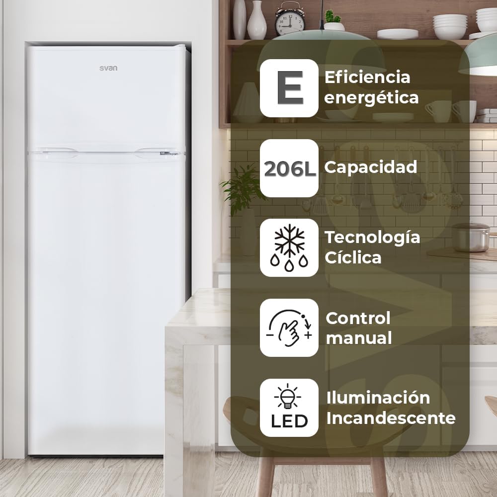 SVAN Frigorífico 2 Puertas Blanco SF145501E. Capacidad 206 Litros, Puerta Reversible, Bajo Nivel Sonoro, Eficiencia Energética Clase E