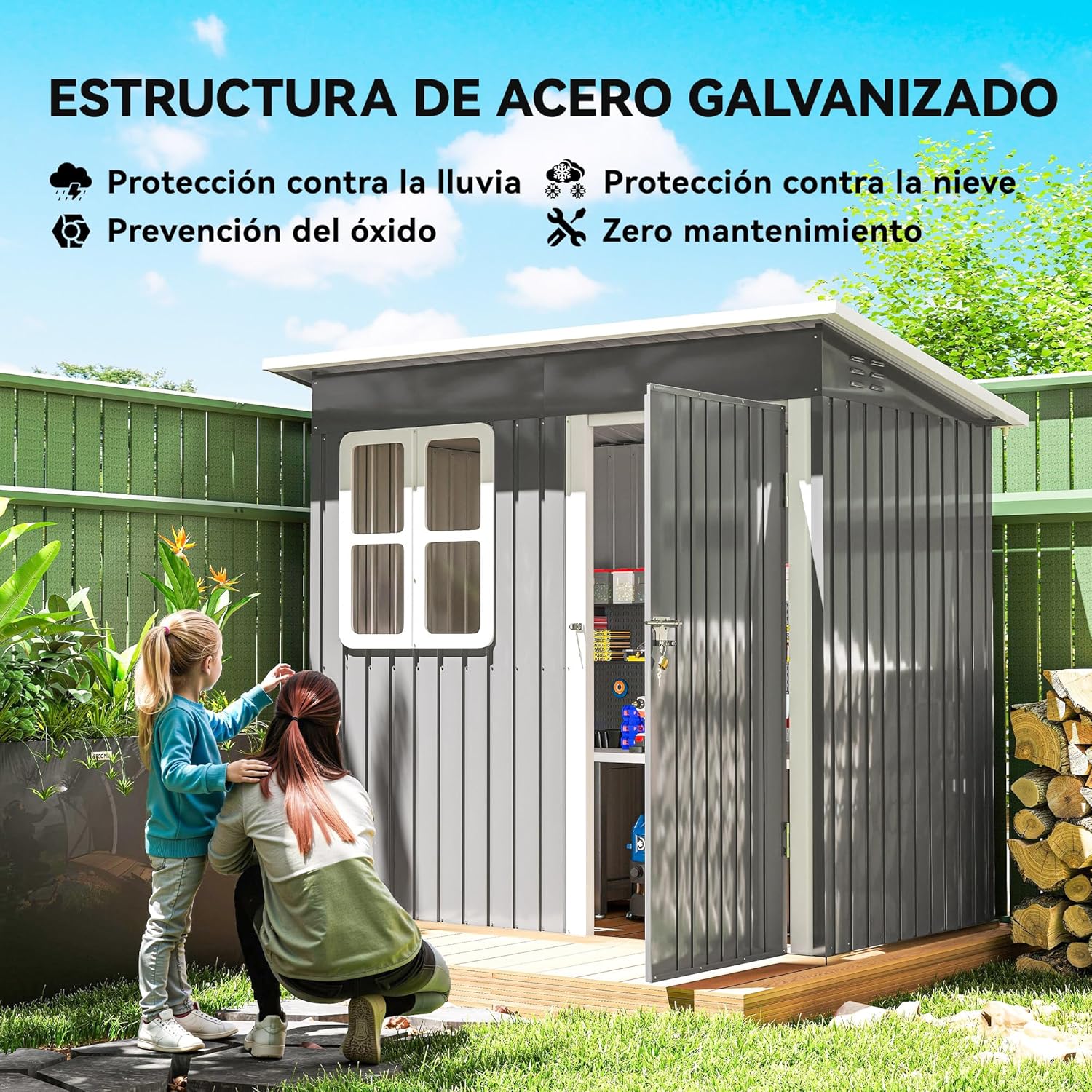 Outsunny Caseta de Jardín Exterior, 2,55 m² 221x133x190 cm, Cobertizo de Jardín Exterior Metálico con Ventana, Puerta con Cerradura y Ventilaciones, para Almacenamiento de Herramientas, Gris Oscuro