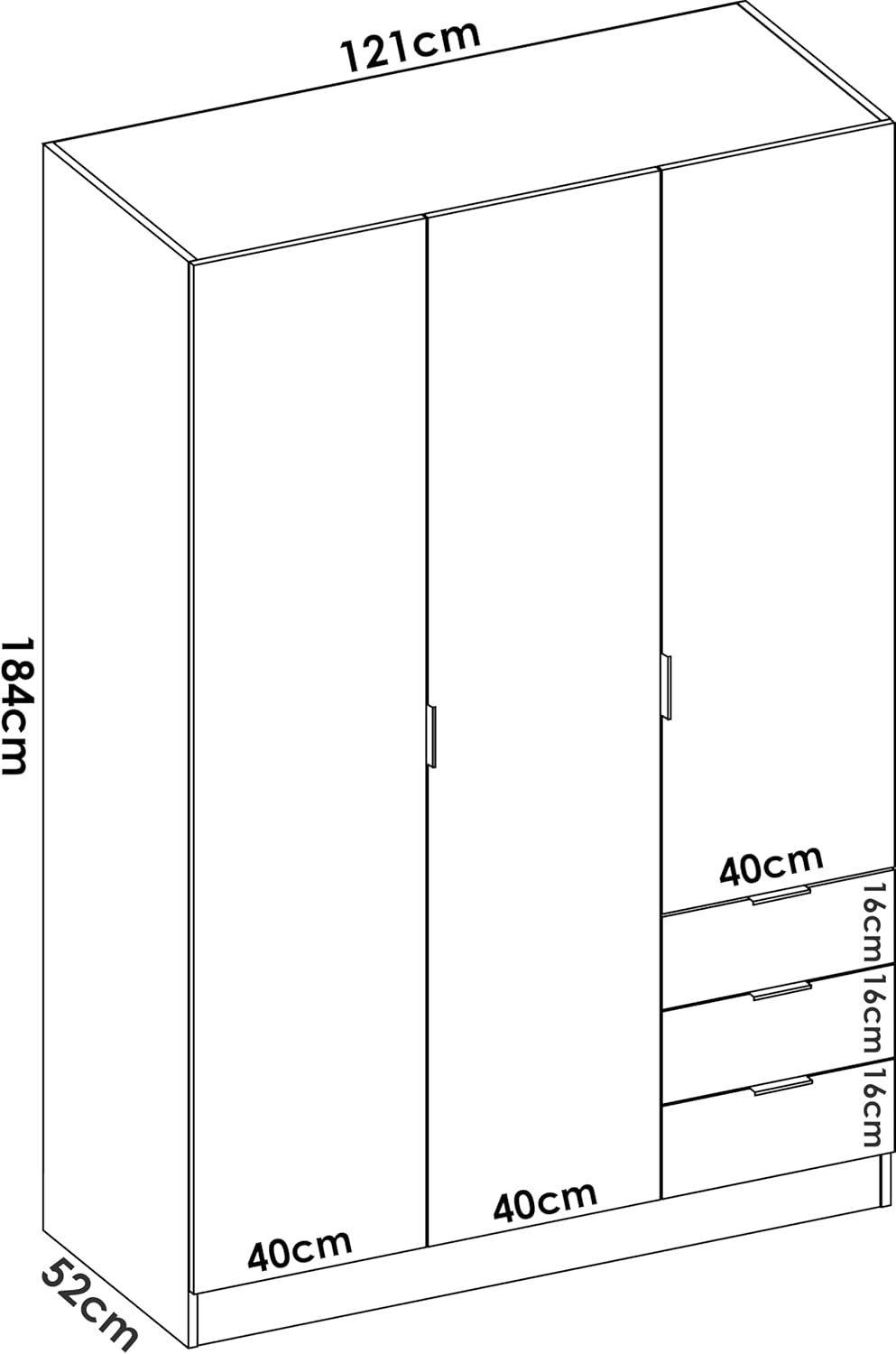 DEKIT GRUPO RIMOBEL Armario Ropero 3 Puertas Y 3 Cajones - Blanco - 121X184X52 Cm