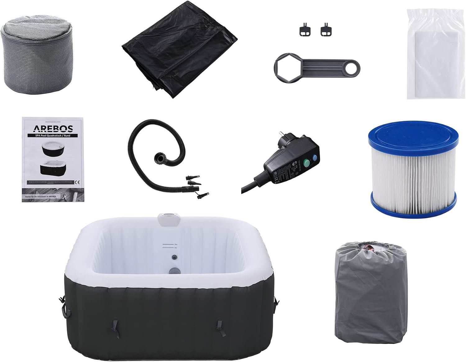 Arebos Nadmuchiwane | Whirlpool Pure | | 4 osoby | 130 dysz do masażu | Spa Dobre samopoczucie Ogrzewanie | 550 litrów | z pokrywą | Bubble Spa & Wellness masaż