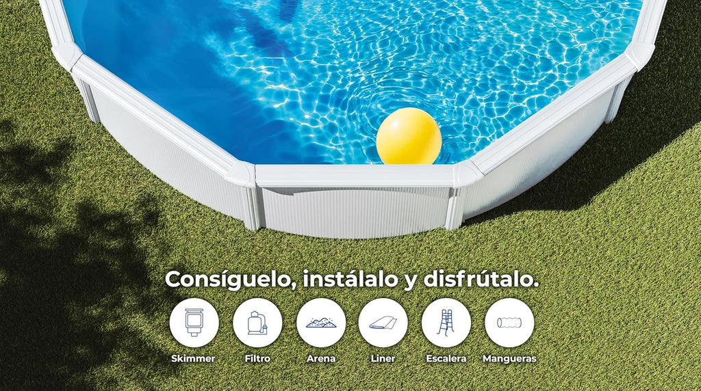 Piscina de Acero Elevada,Redonda con Aspecto Acero Blanco. Piscinas Desmontables para Jardín 350 x 120 cm - Piscina Gre KIT350ECO Fidji.