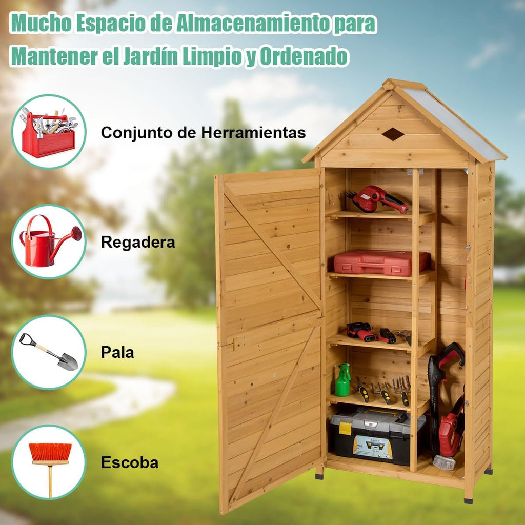 COSTWAY Caseta Jardin Exterior de Madera, Cobertizo Jardin Exterior con 5 Estantes y 2 Puertas con Cerradura, Armario para Herramientas con Techo Impermeable para Jardín Balcón Terraza (70x45x160cm)