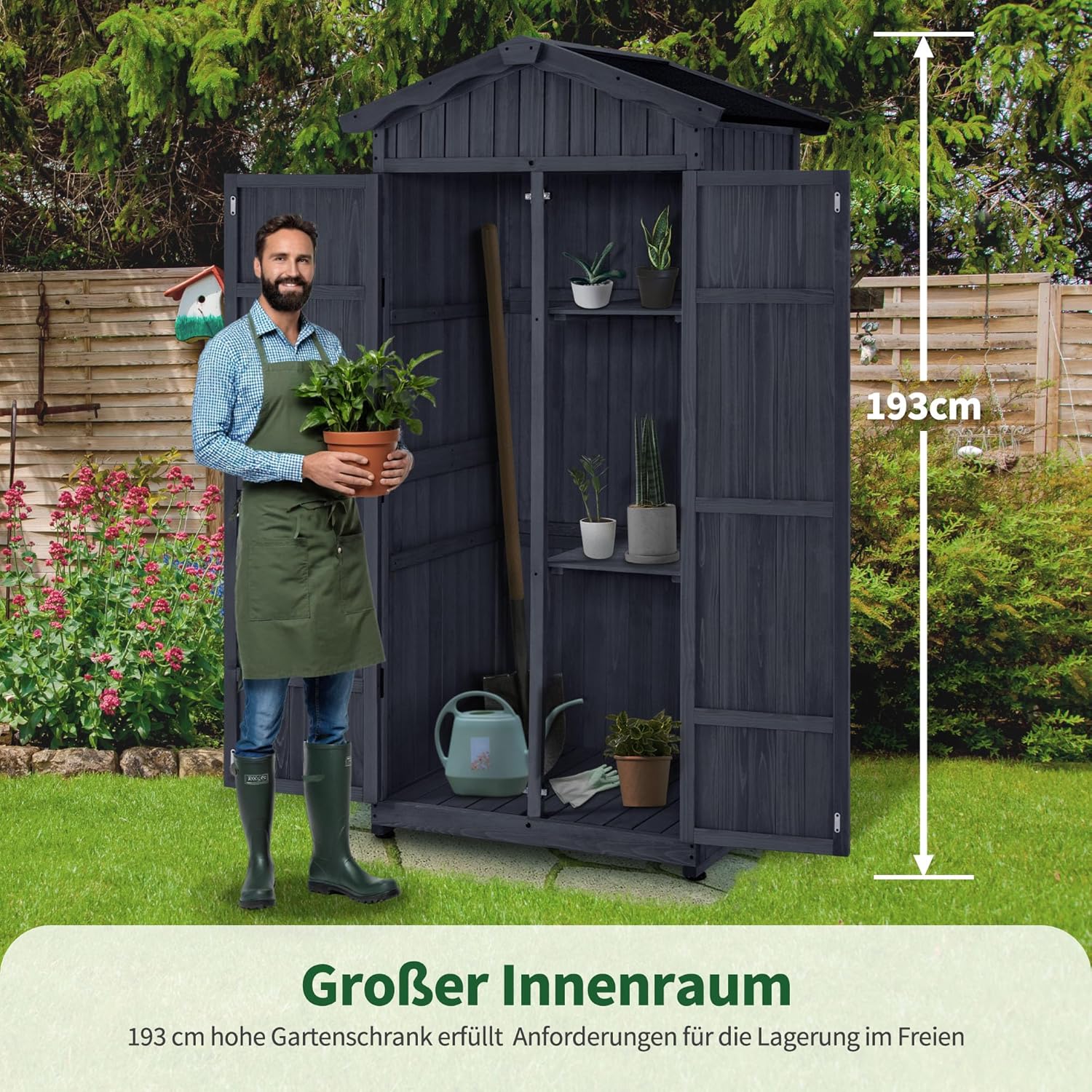 M MCombo Armario de jardín caseta de jardín de Madera Resistente a la Intemperie, Armario Exterior Impermeable con Suelo, para Uso Exterior balcón, 74×99×193 cm (Gris Antracita)