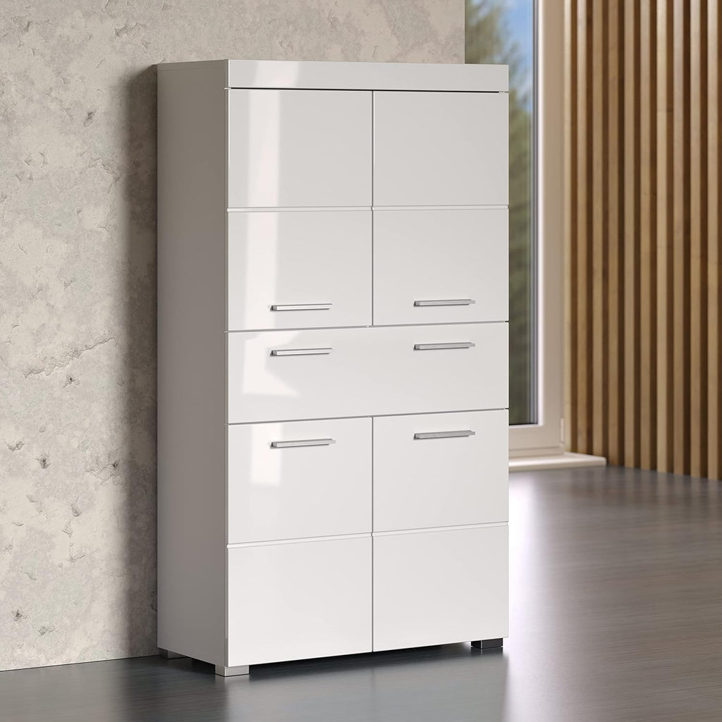 trendteam smart living Armario Alto para baño Amanda, 73 x 132 x 31 cm, en Blanco y Blanco de Brillo Intenso con cajón y abundante Espacio de Almacenamiento