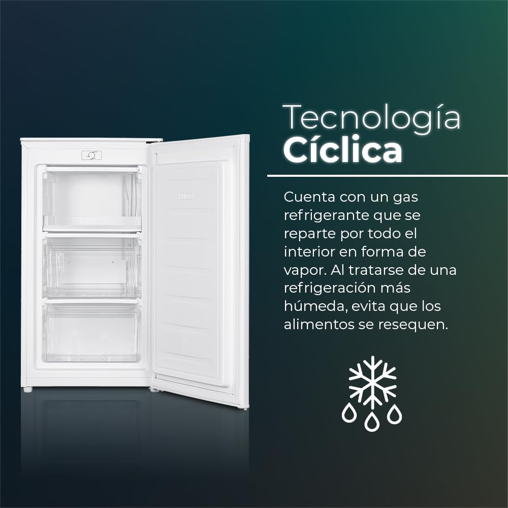 Svan Congelador Vertical Blanco SCV85502E. Capacidad 60 Litros, Puerta Reversible, Bajo nivel Sonoro, Eficiencia Energética Clase E